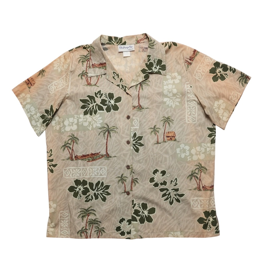 Bishop St. Apparel Hawaiian Shirt Mens 2XL‎ Tan Tropical Palm Hibiscus Canoe